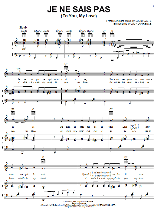 Jack Lawrence Je Ne Sais Pas (To You, My Love) sheet music notes and chords arranged for Piano, Vocal & Guitar Chords (Right-Hand Melody)