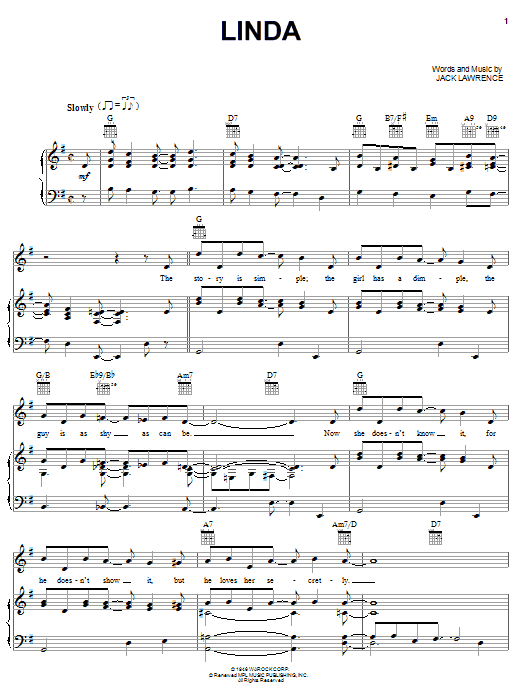 Jack Lawrence Linda sheet music notes and chords arranged for Piano, Vocal & Guitar Chords (Right-Hand Melody)