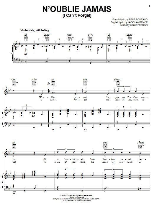 Jack Lawrence N'oublie Jamais (I Can't Forget) sheet music notes and chords arranged for Piano, Vocal & Guitar Chords (Right-Hand Melody)