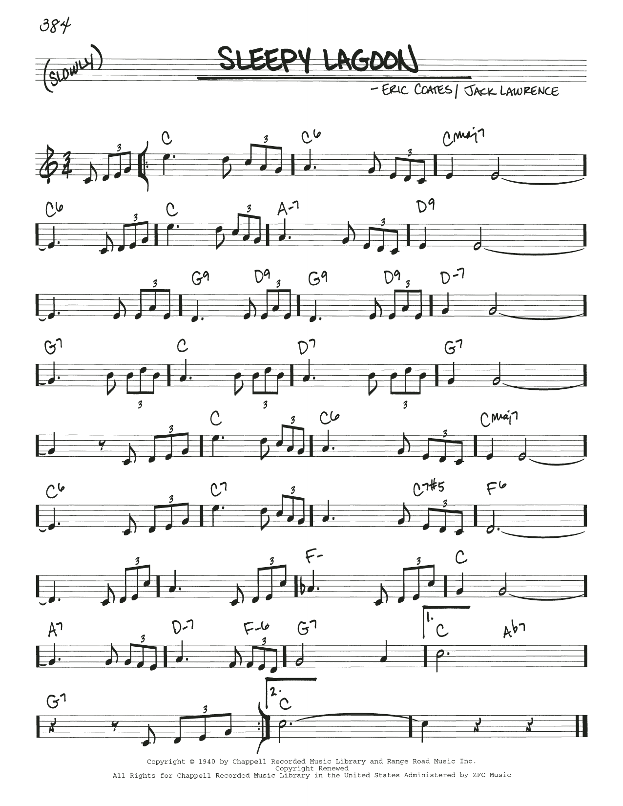 Jack Lawrence Sleepy Lagoon sheet music notes and chords arranged for Real Book – Melody & Chords