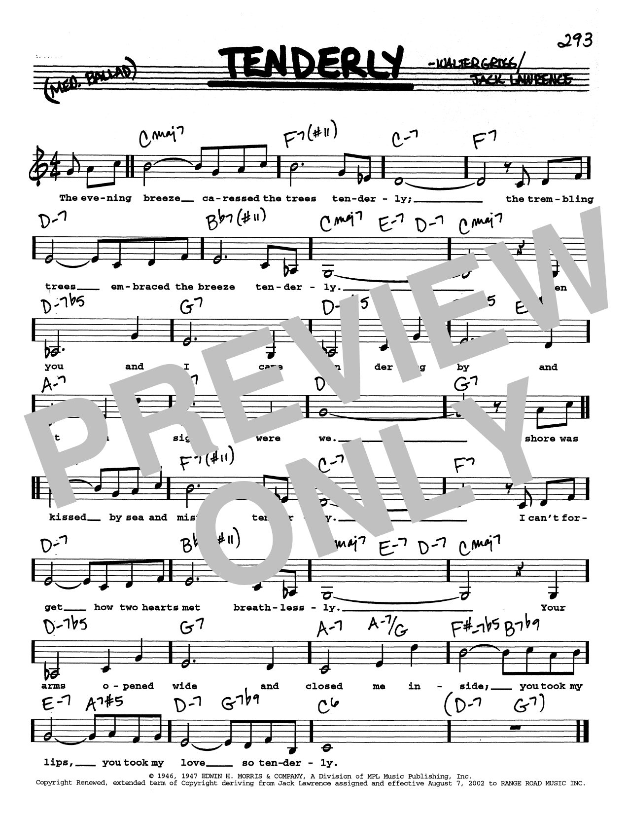 Jack Lawrence Tenderly (Low Voice) sheet music notes and chords arranged for Real Book – Melody, Lyrics & Chords