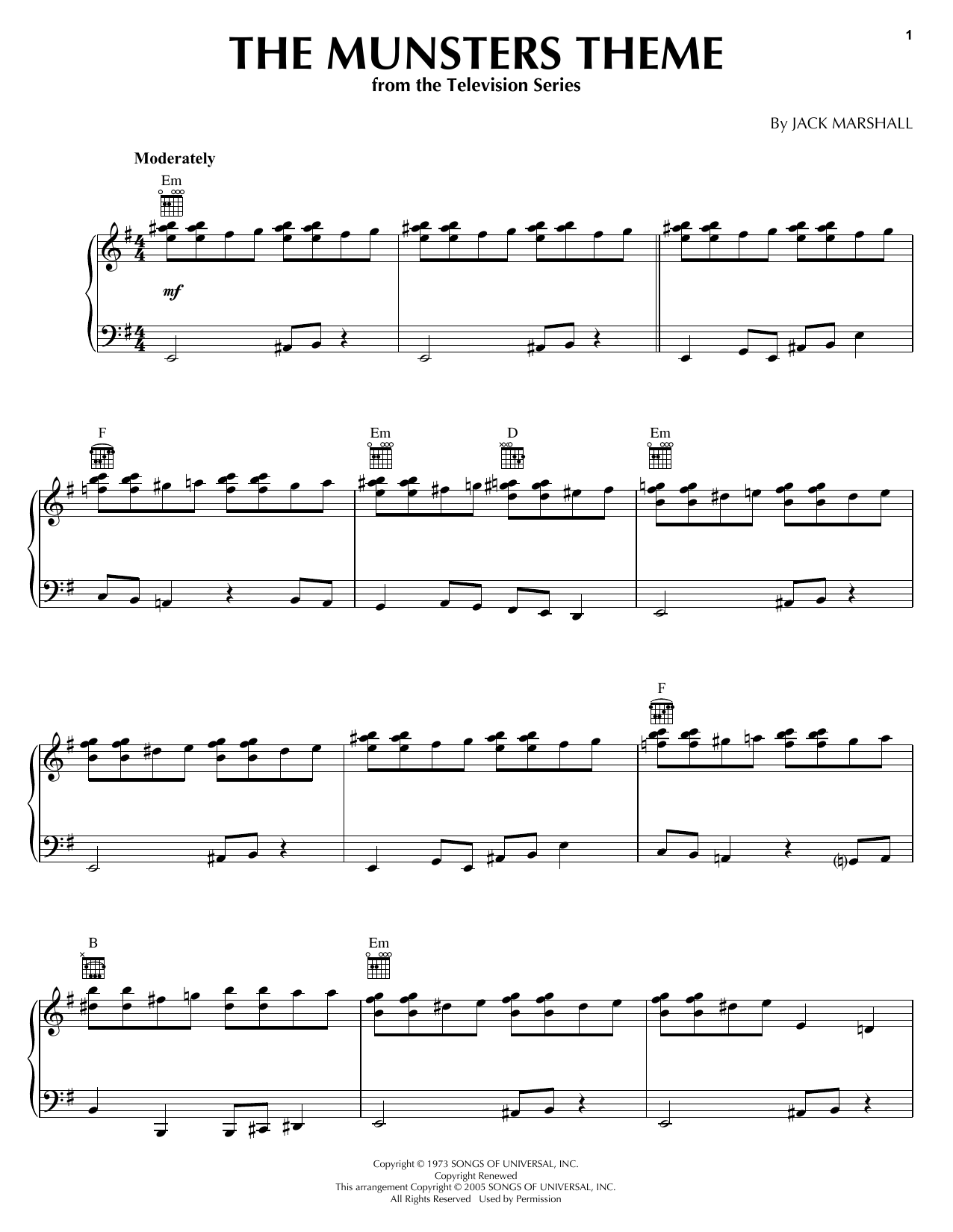 Jack Marshall The Munsters Theme sheet music notes and chords arranged for Piano Solo