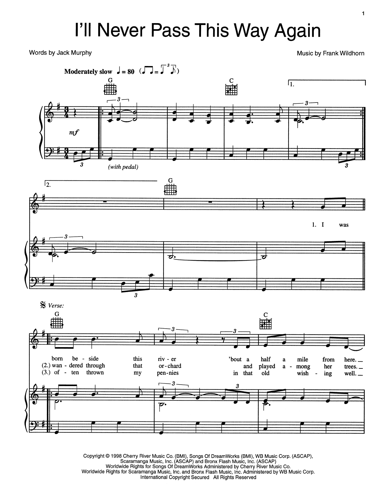 Jack Murphy I'll Never Pass This Way Again sheet music notes and chords arranged for Piano, Vocal & Guitar Chords (Right-Hand Melody)