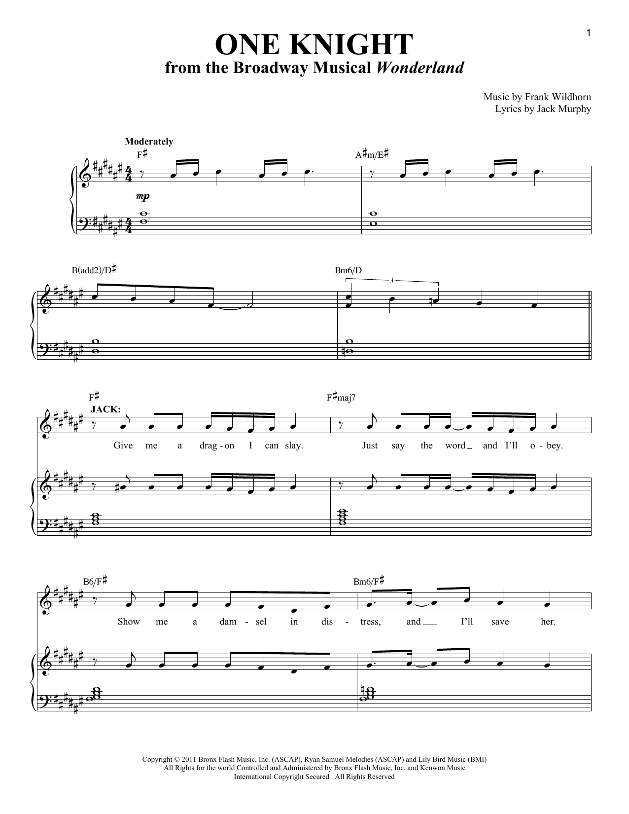 Jack Murphy One Knight sheet music notes and chords arranged for Piano & Vocal