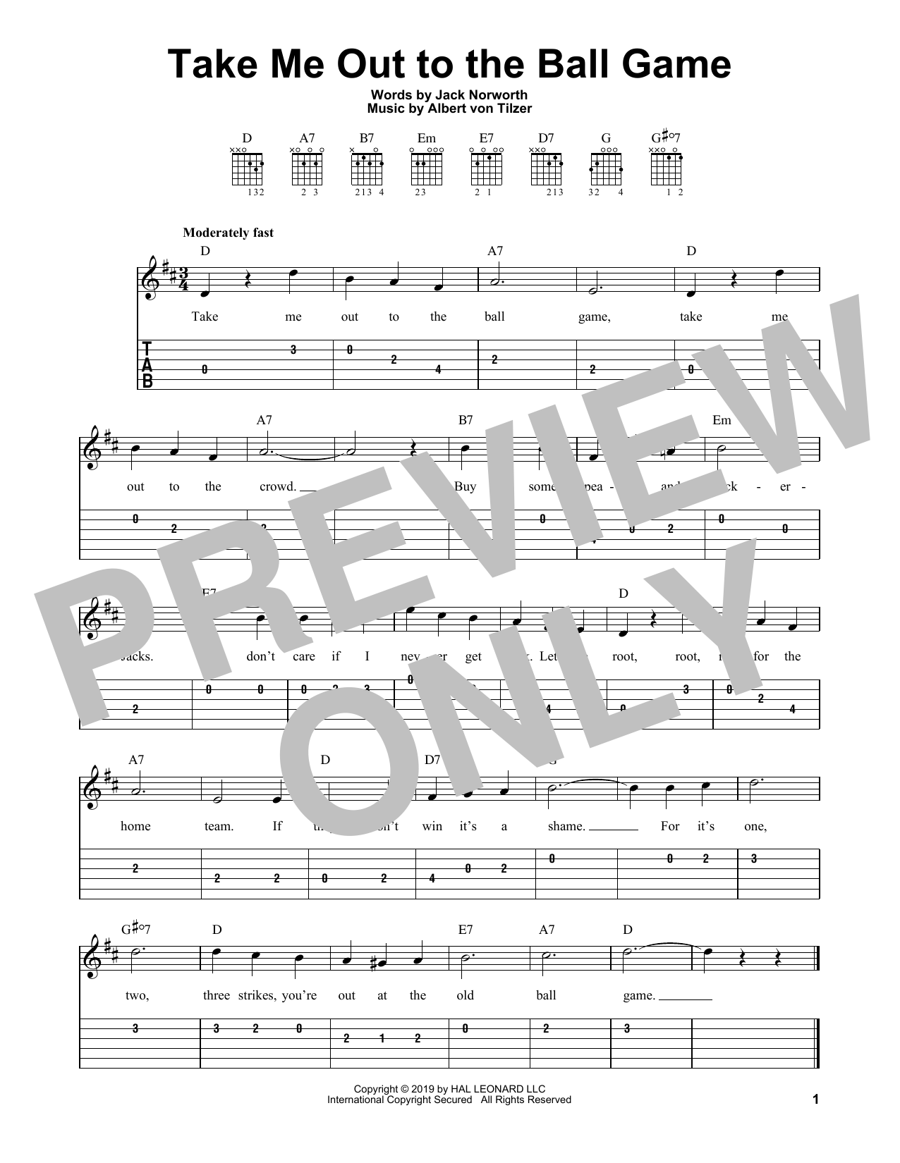 Jack Norworth and Albert von Tilzer Take Me Out To The Ball Game sheet music notes and chords arranged for Easy Guitar Tab