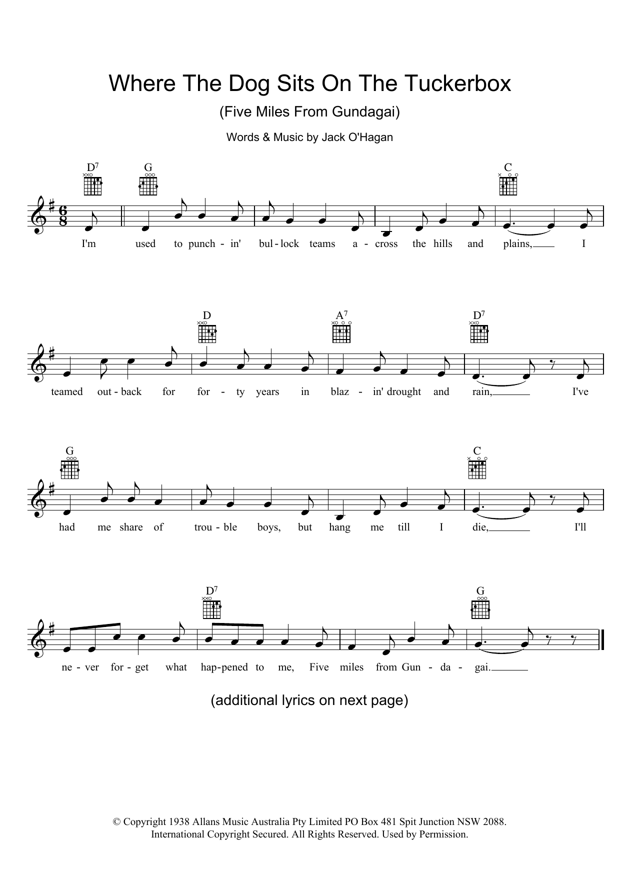 Jack O'Hagan Where The Dog Sits On The Tuckerbox (Five Miles From Gundagai) sheet music notes and chords arranged for Lead Sheet / Fake Book