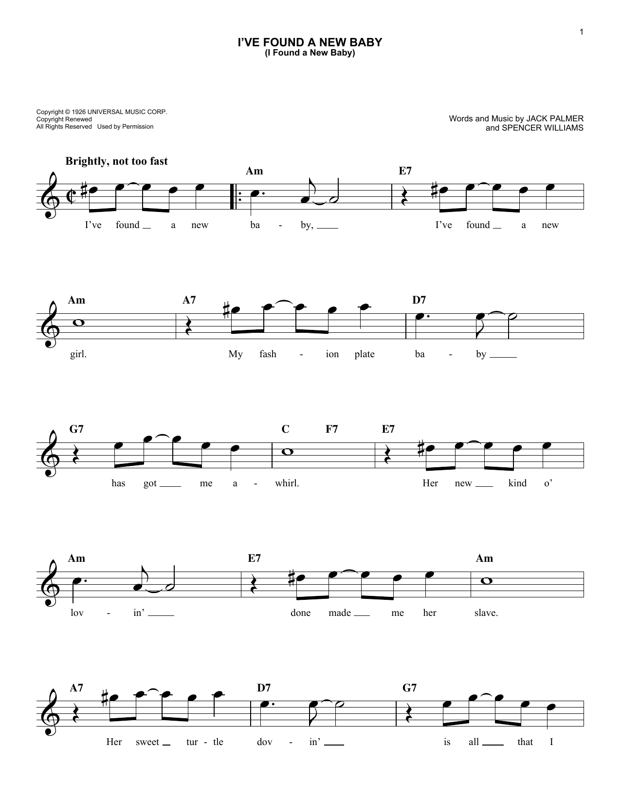 Jack Palmer I've Found A New Baby (I Found A New Baby) sheet music notes and chords arranged for Lead Sheet / Fake Book