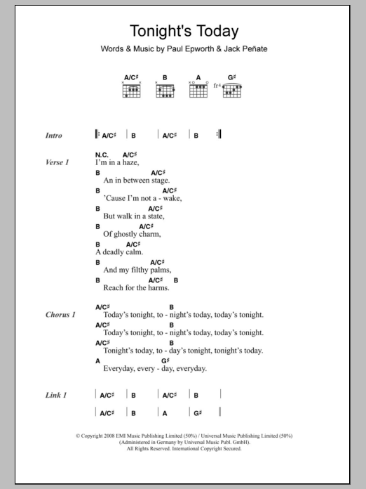 Jack Peñate Tonight's Today sheet music notes and chords arranged for Guitar Chords/Lyrics