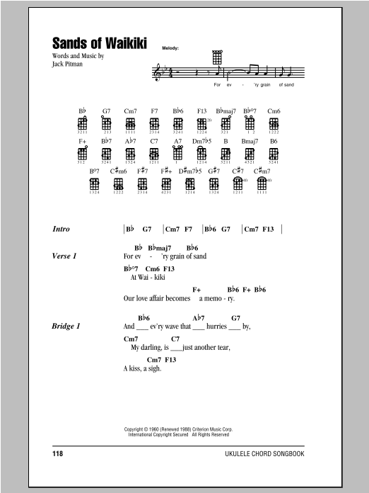 Jack Pitman Sands Of Waikiki sheet music notes and chords arranged for Ukulele Chords/Lyrics