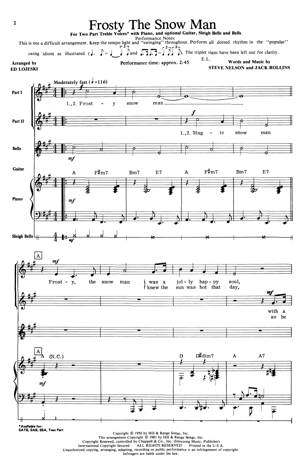 Jack Rollins & Steve Nelson Frosty The Snow Man (arr. Ed Lojeski) sheet music notes and chords arranged for SSA Choir