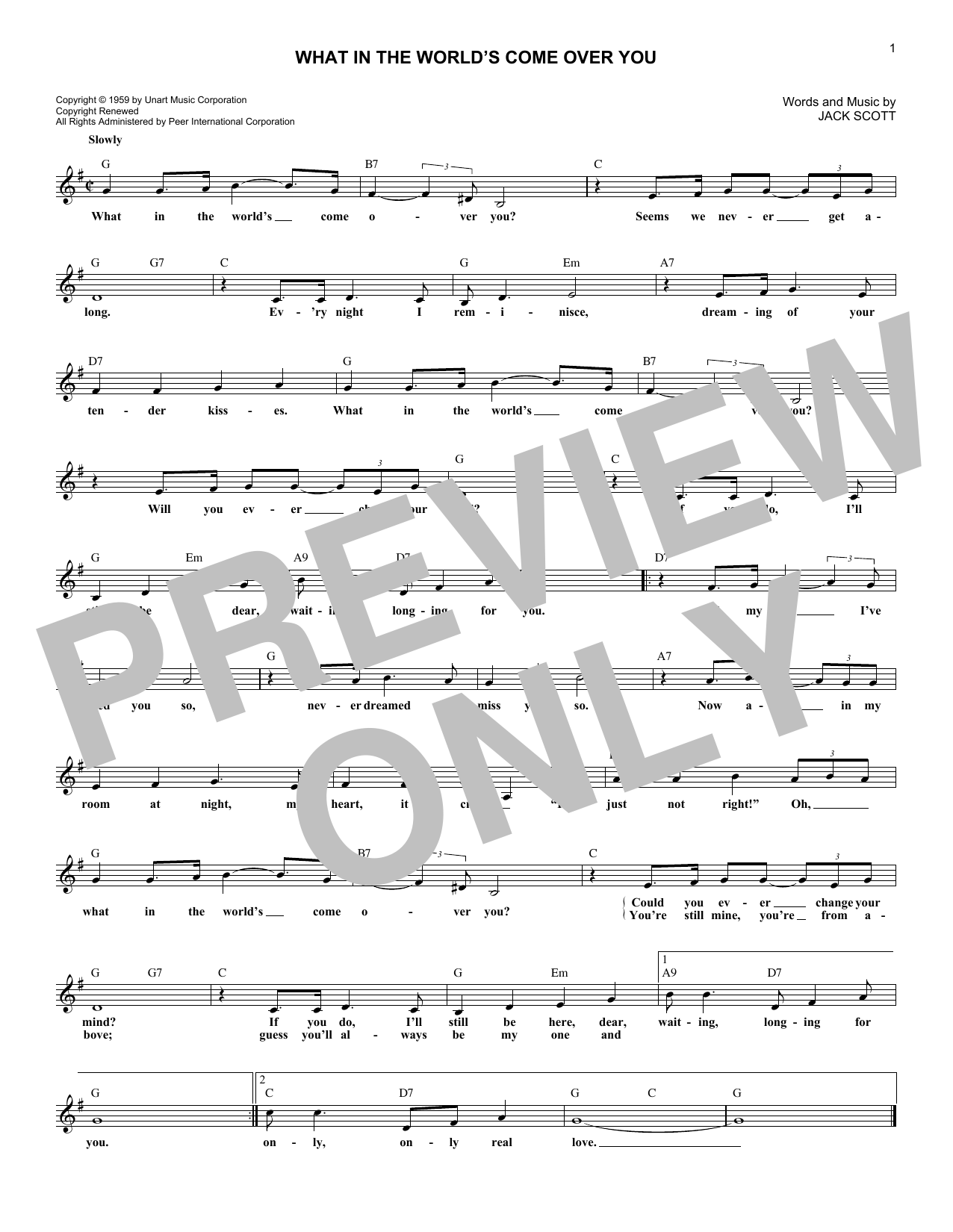 Jack Scott What In The World's Come Over You sheet music notes and chords arranged for Lead Sheet / Fake Book