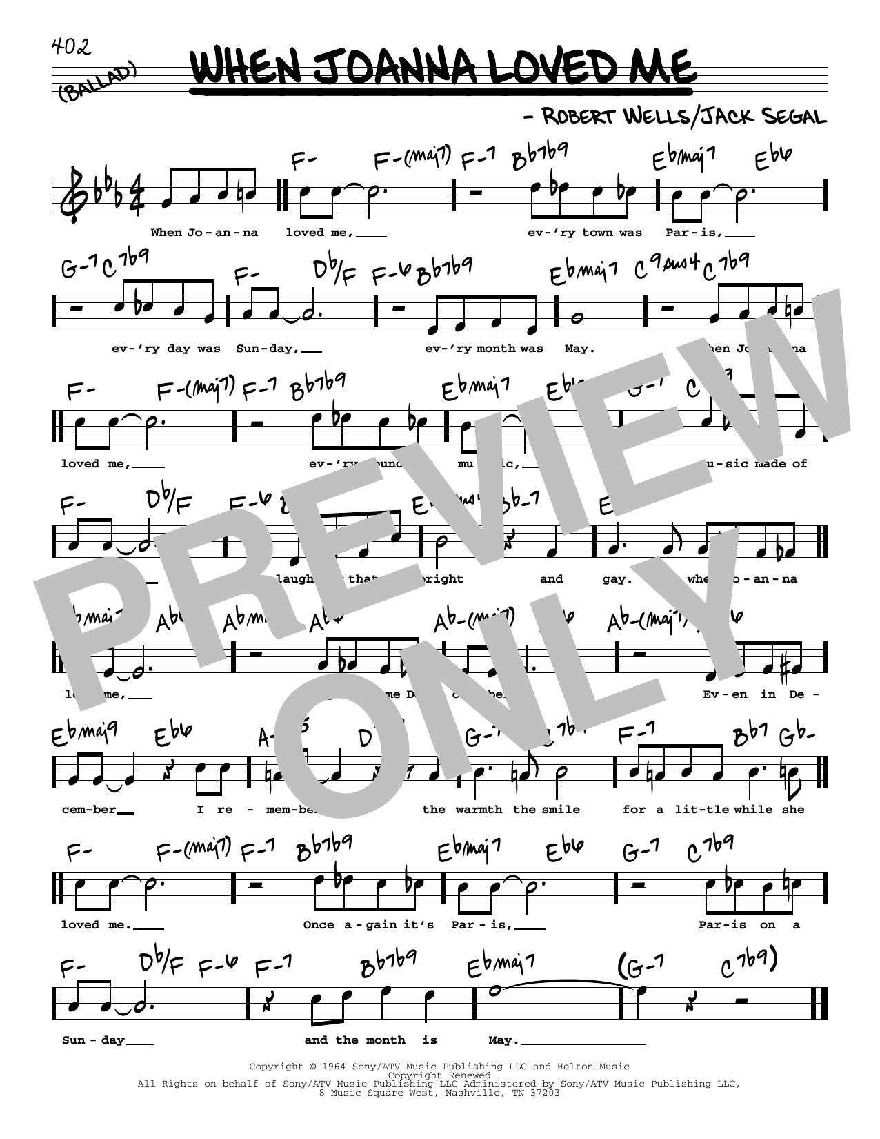 Jack Segal and Robert Wells When Joanna Loved Me (High Voice) sheet music notes and chords arranged for Real Book – Melody, Lyrics & Chords