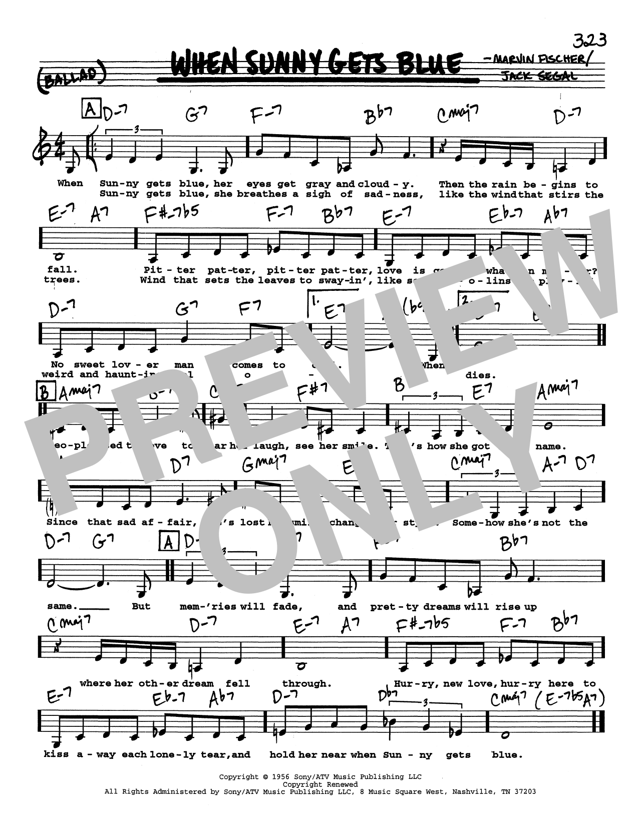 Jack Segal When Sunny Gets Blue (Low Voice) sheet music notes and chords arranged for Real Book – Melody, Lyrics & Chords