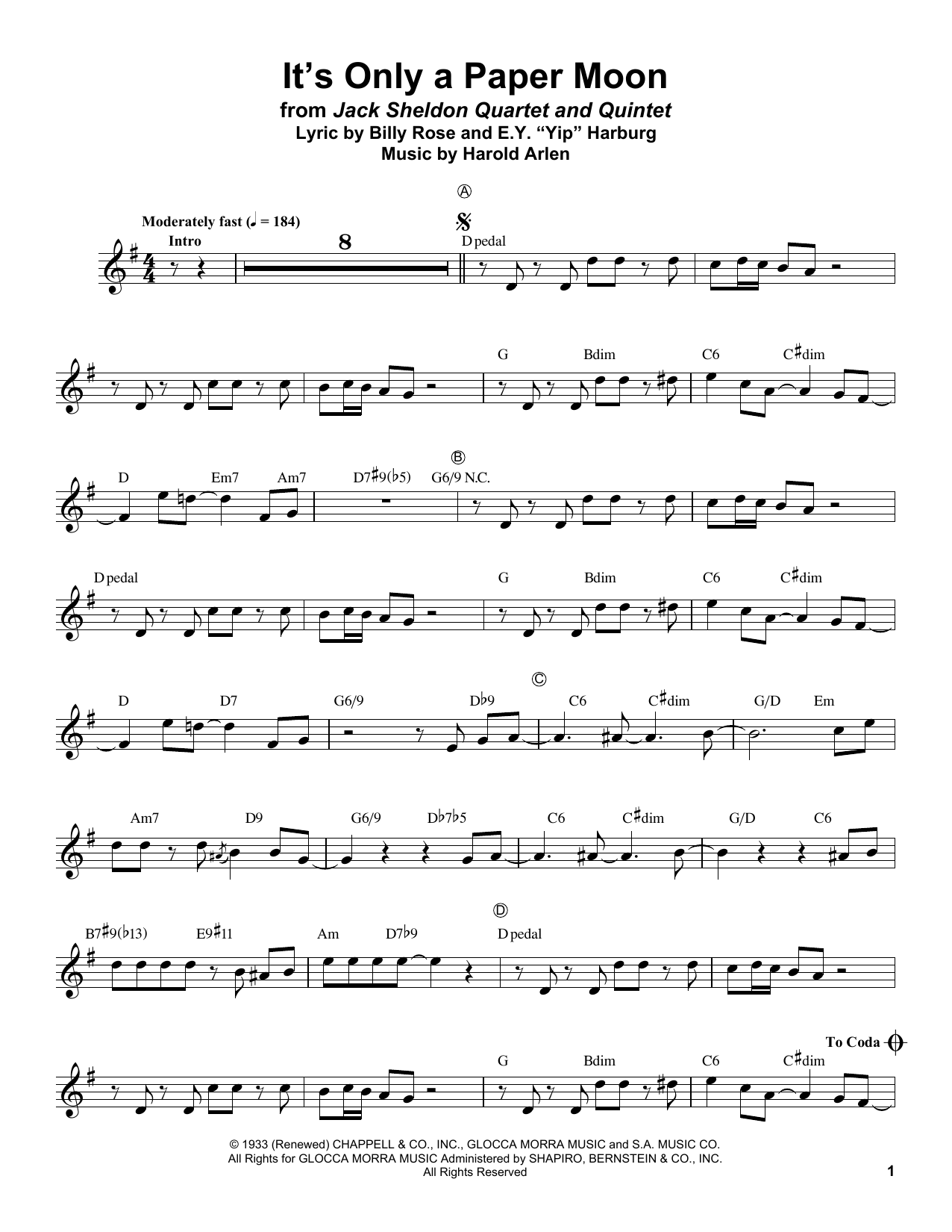 Jack Sheldon It's Only A Paper Moon sheet music notes and chords arranged for Trumpet Transcription
