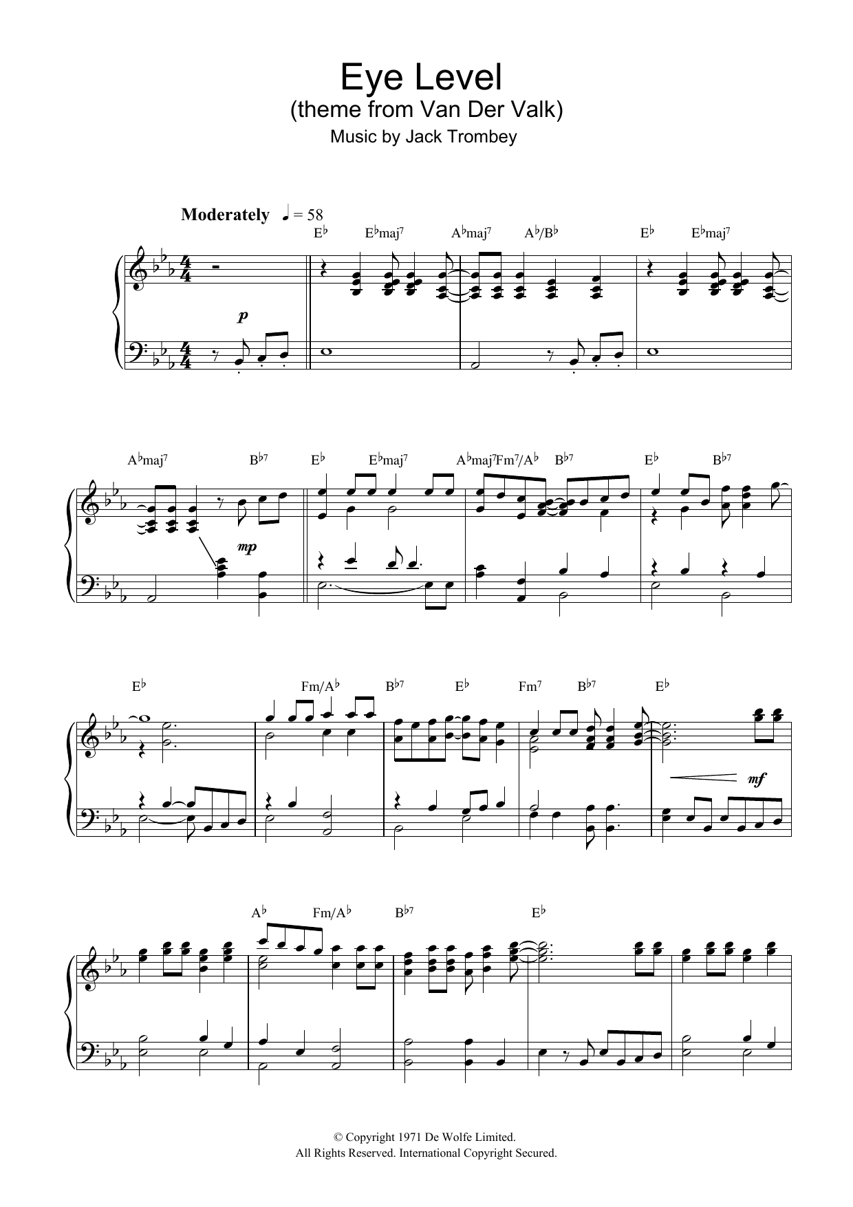 Jack Trombey Eye Level (theme from Van Der Valk) sheet music notes and chords arranged for Piano Solo