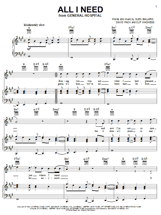 Jack Wagner All I Need sheet music notes and chords arranged for Piano, Vocal & Guitar Chords (Right-Hand Melody)