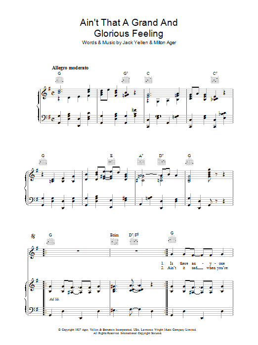 Jack Yellen Ain't That A Grand And Glorious Feeling sheet music notes and chords arranged for Piano, Vocal & Guitar Chords