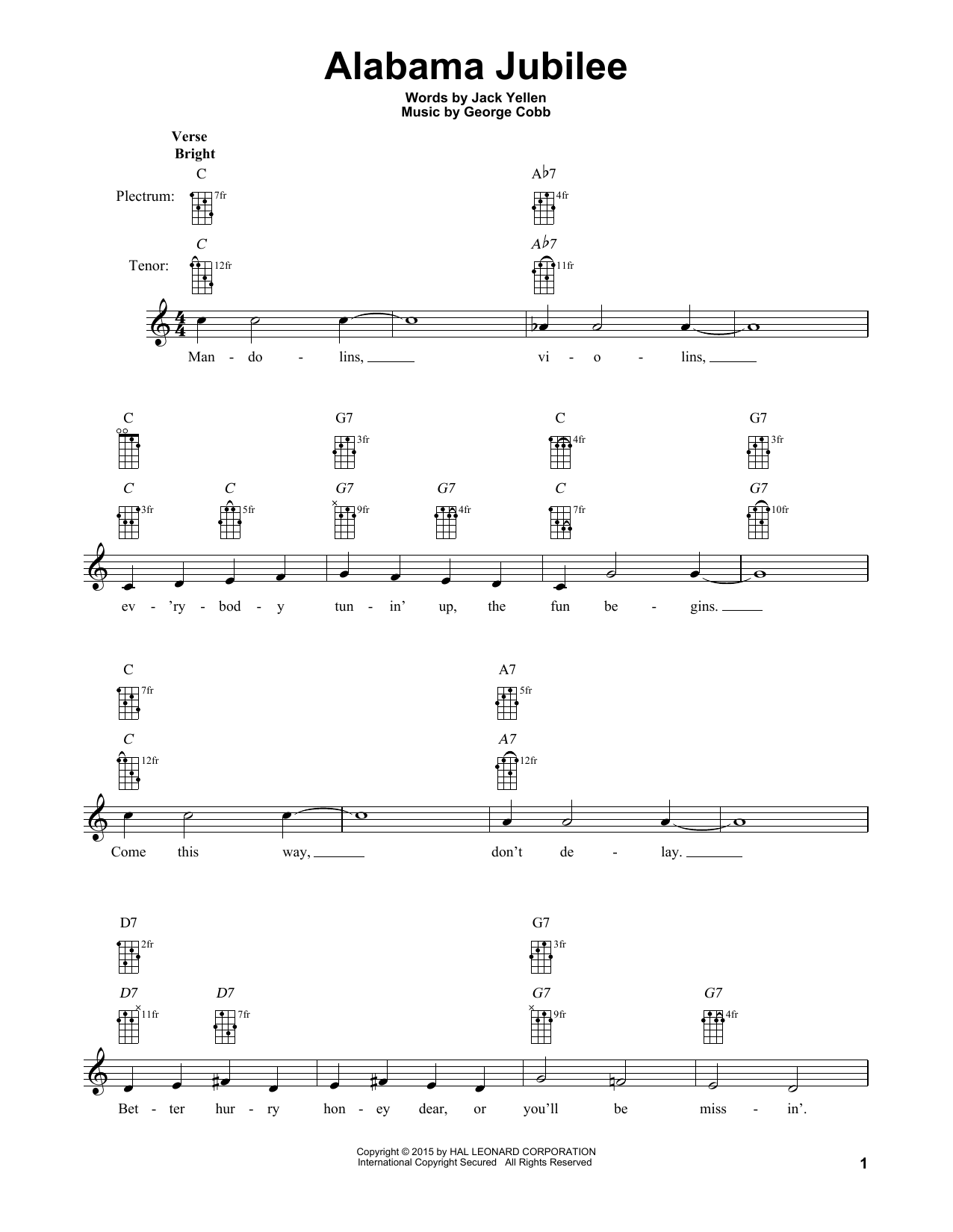 Jack Yellen Alabama Jubilee sheet music notes and chords arranged for Banjo Tab