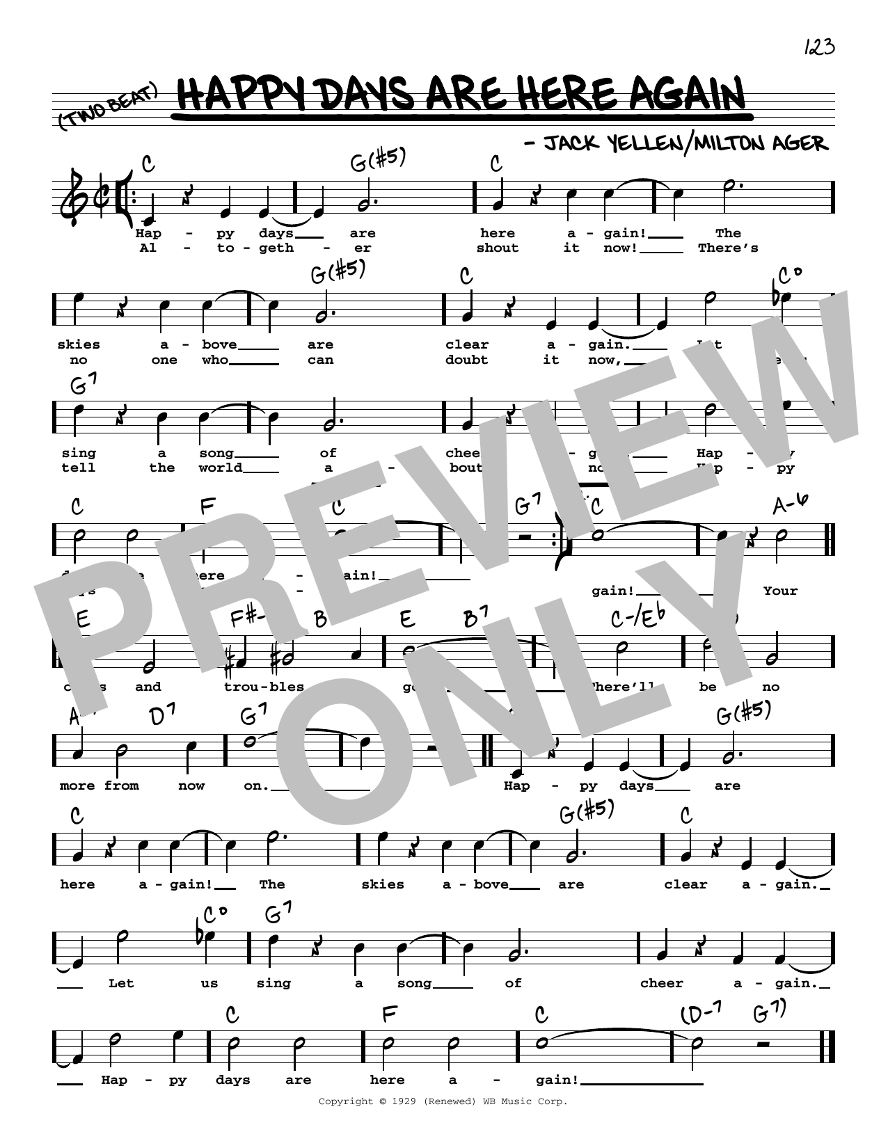 Jack Yellen and Milton Ager Happy Days Are Here Again (High Voice) (from Chasing Rainbows) sheet music notes and chords arranged for Real Book – Melody, Lyrics & Chords