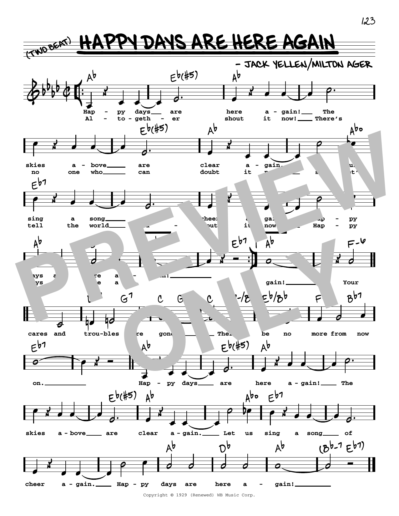 Jack Yellen and Milton Ager Happy Days Are Here Again (Low Voice) sheet music notes and chords arranged for Real Book – Melody, Lyrics & Chords