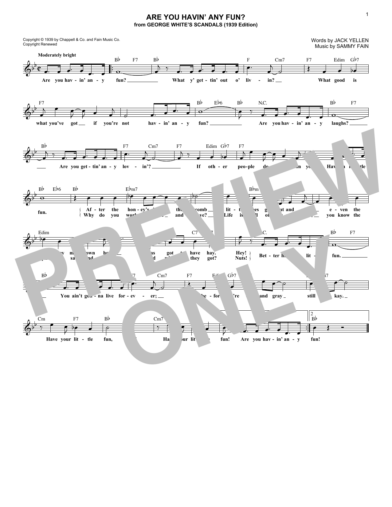 Jack Yellen Are You Havin' Any Fun? sheet music notes and chords arranged for Lead Sheet / Fake Book
