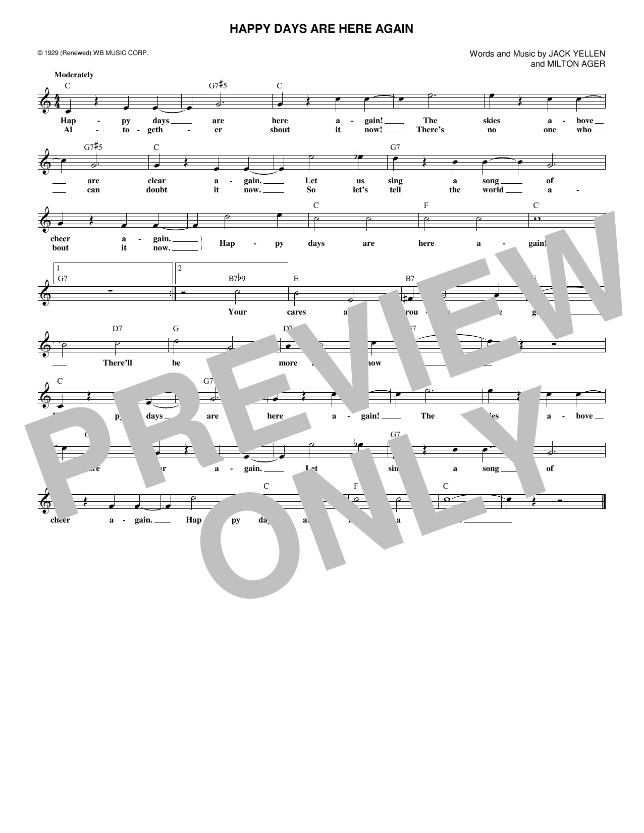 Jack Yellen Happy Days Are Here Again sheet music notes and chords arranged for Lead Sheet / Fake Book