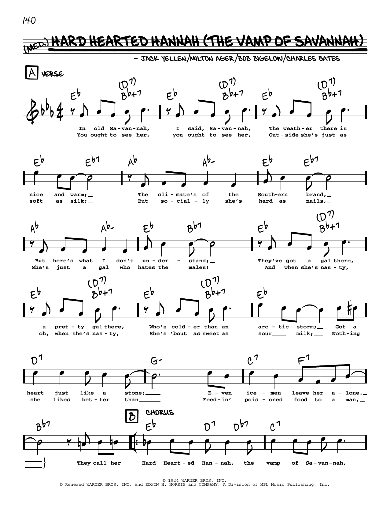 Jack Yellen Hard Hearted Hannah (The Vamp Of Savannah) (arr. Robert Rawlins) sheet music notes and chords arranged for Real Book – Melody, Lyrics & Chords