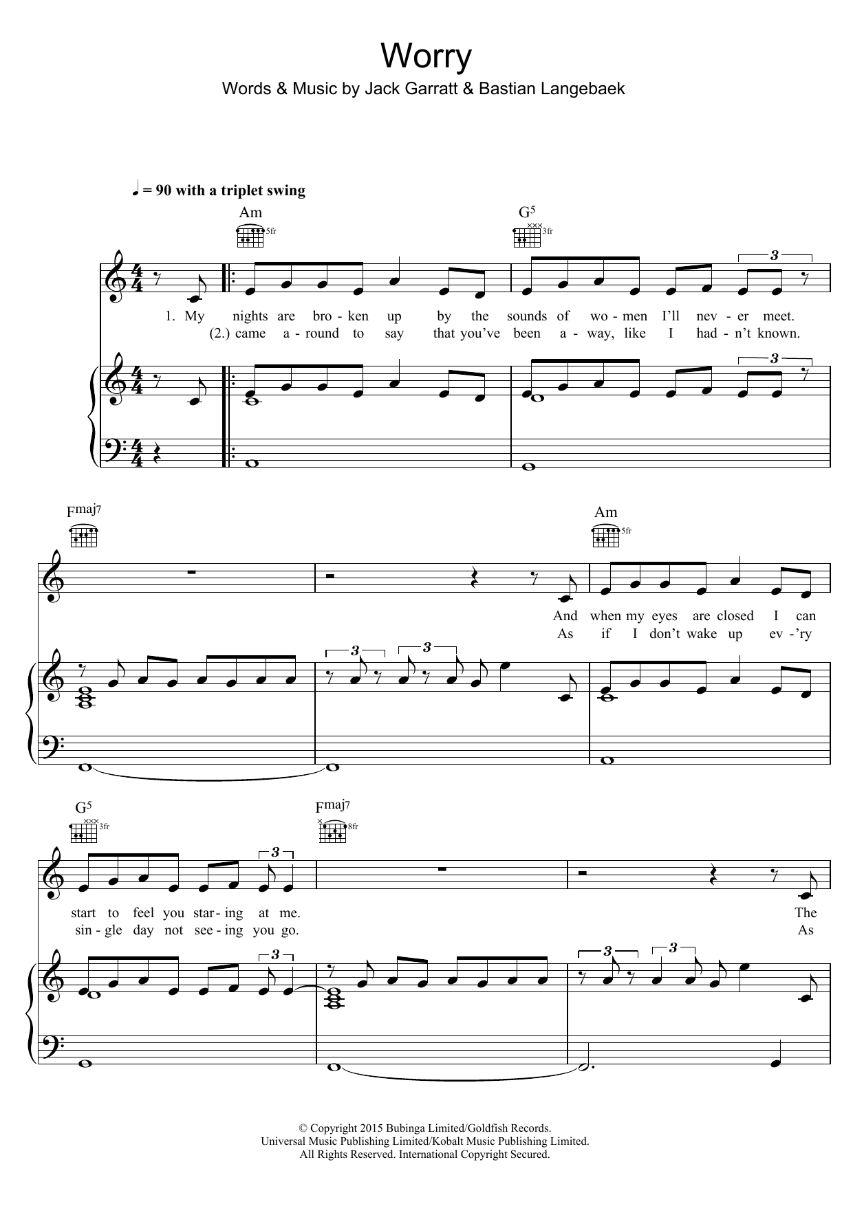 Jack Garratt Worry sheet music notes and chords arranged for Piano, Vocal & Guitar Chords