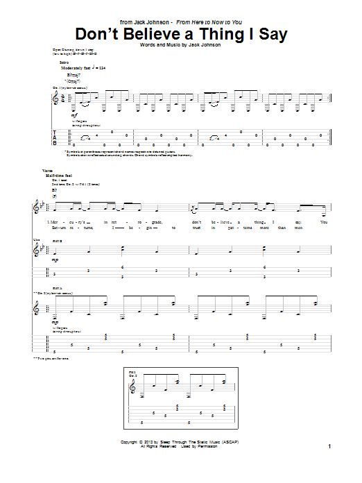 Jack Johnson Don't Believe A Thing I Say sheet music notes and chords arranged for Guitar Tab
