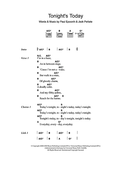 Jack Peñate Tonight's Today sheet music notes and chords arranged for Guitar Chords/Lyrics