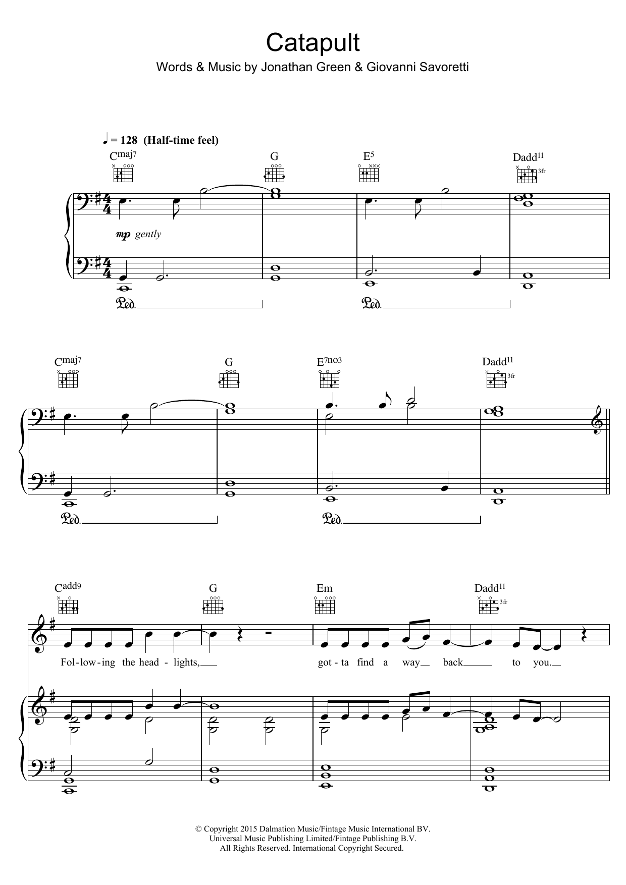 Jack Savoretti Catapult sheet music notes and chords arranged for Piano, Vocal & Guitar Chords