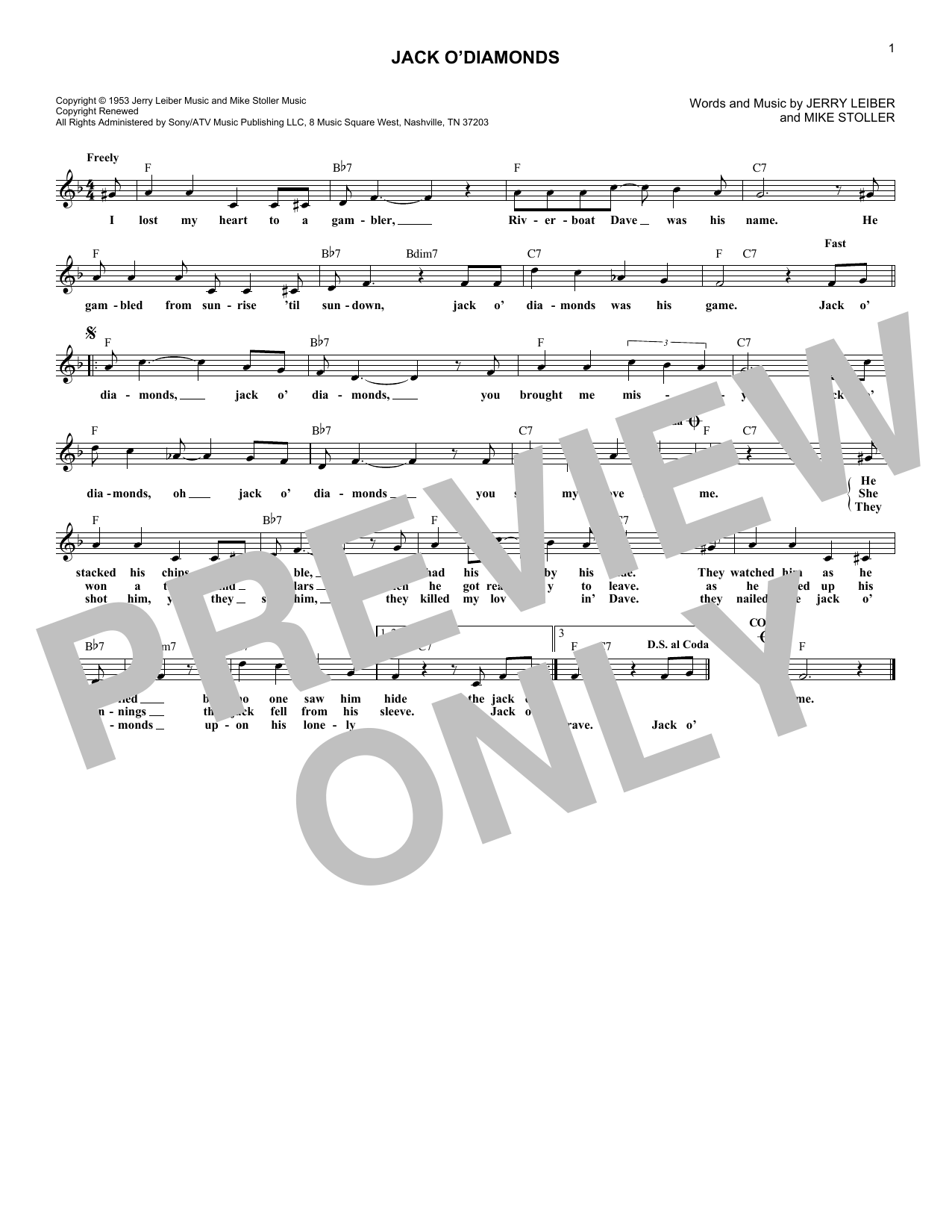 Jacki Fontaine Jack O'Diamonds sheet music notes and chords arranged for Lead Sheet / Fake Book