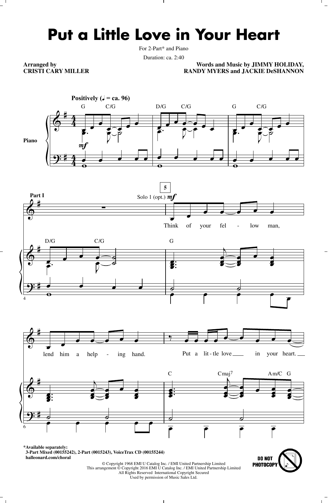 Jackie DeShannon Put A Little Love In Your Heart (arr. Cristi Cary Miller) sheet music notes and chords arranged for 2-Part Choir