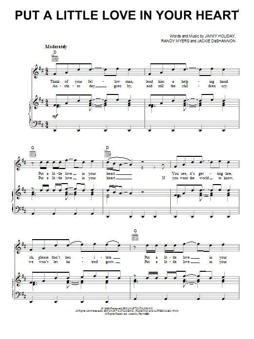 Jackie DeShannon Put A Little Love In Your Heart sheet music notes and chords arranged for Piano, Vocal & Guitar Chords (Right-Hand Melody)