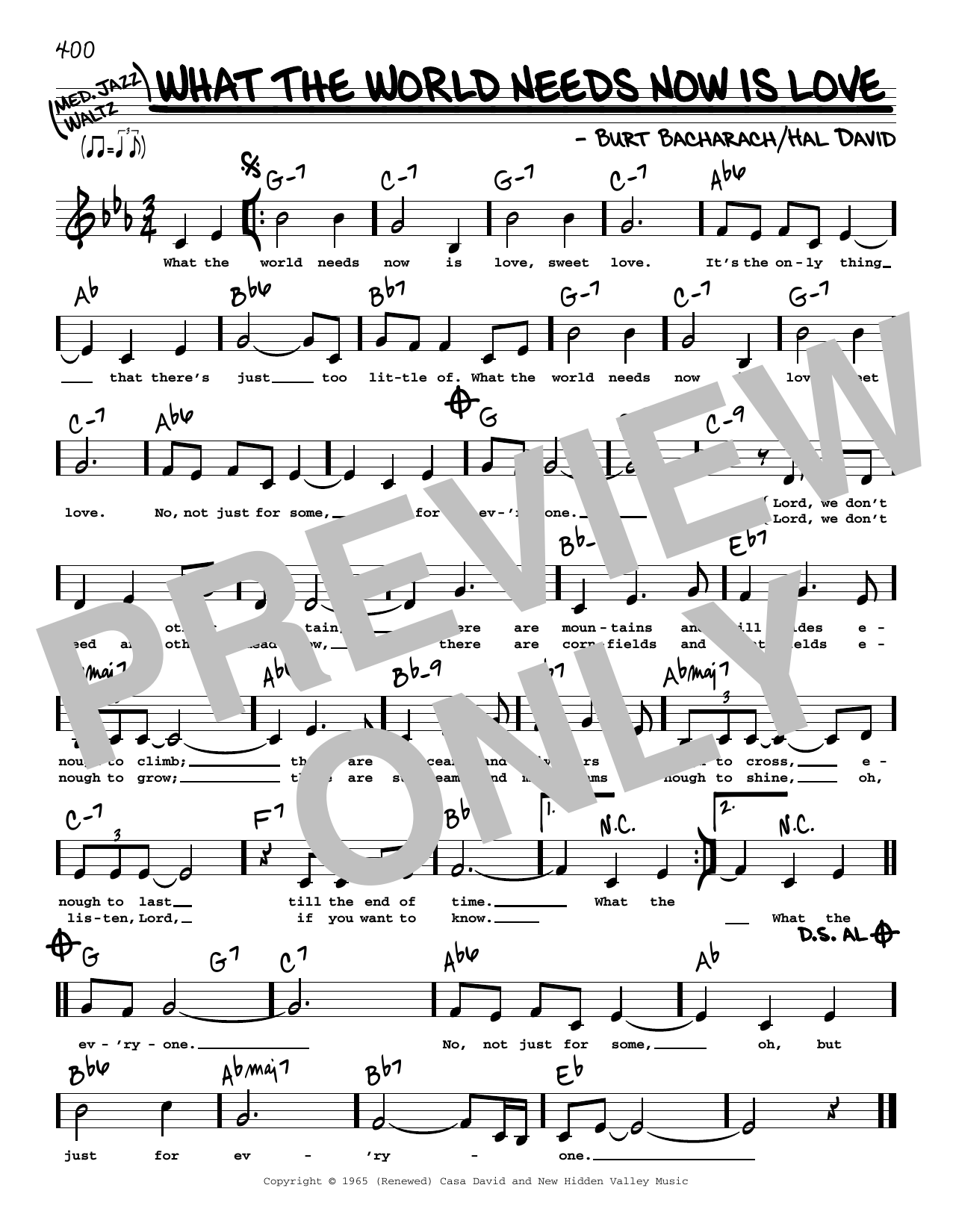 Jackie DeShannon What The World Needs Now Is Love (Low Voice) sheet music notes and chords arranged for Real Book – Melody, Lyrics & Chords