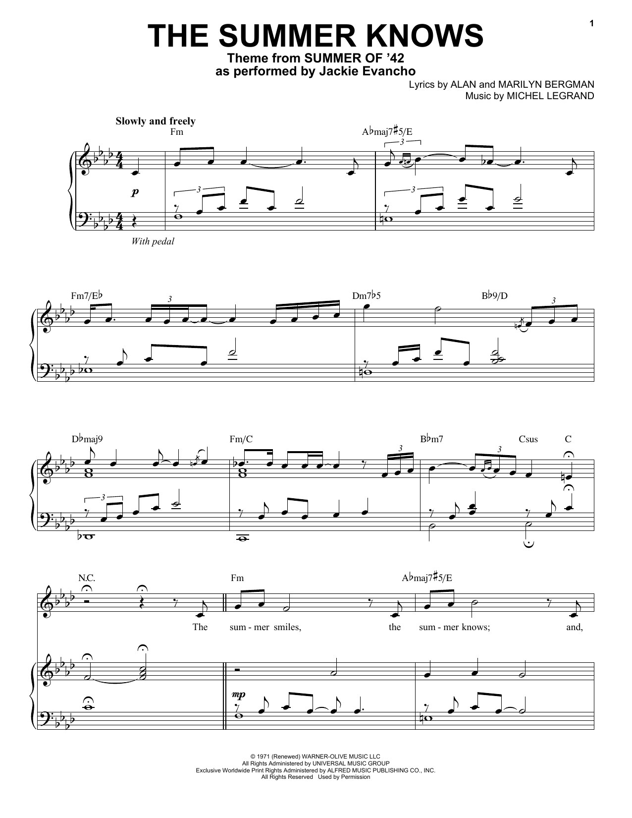 Jackie Evancho and Chris Botti The Summer Knows (Theme from Summer Of '42) sheet music notes and chords arranged for Piano & Vocal