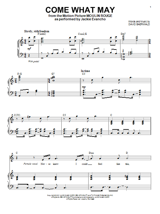 Jackie Evancho Come What May sheet music notes and chords arranged for Piano & Vocal