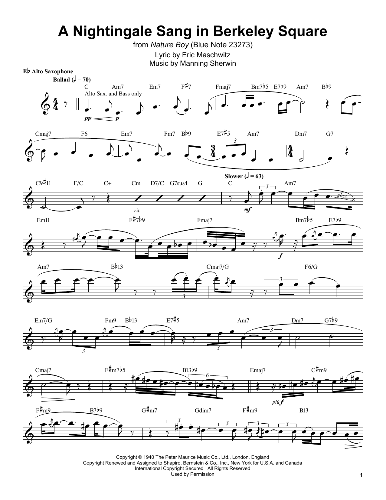 Jackie McLean A Nightingale Sang In Berkeley Square sheet music notes and chords arranged for Alto Sax Transcription