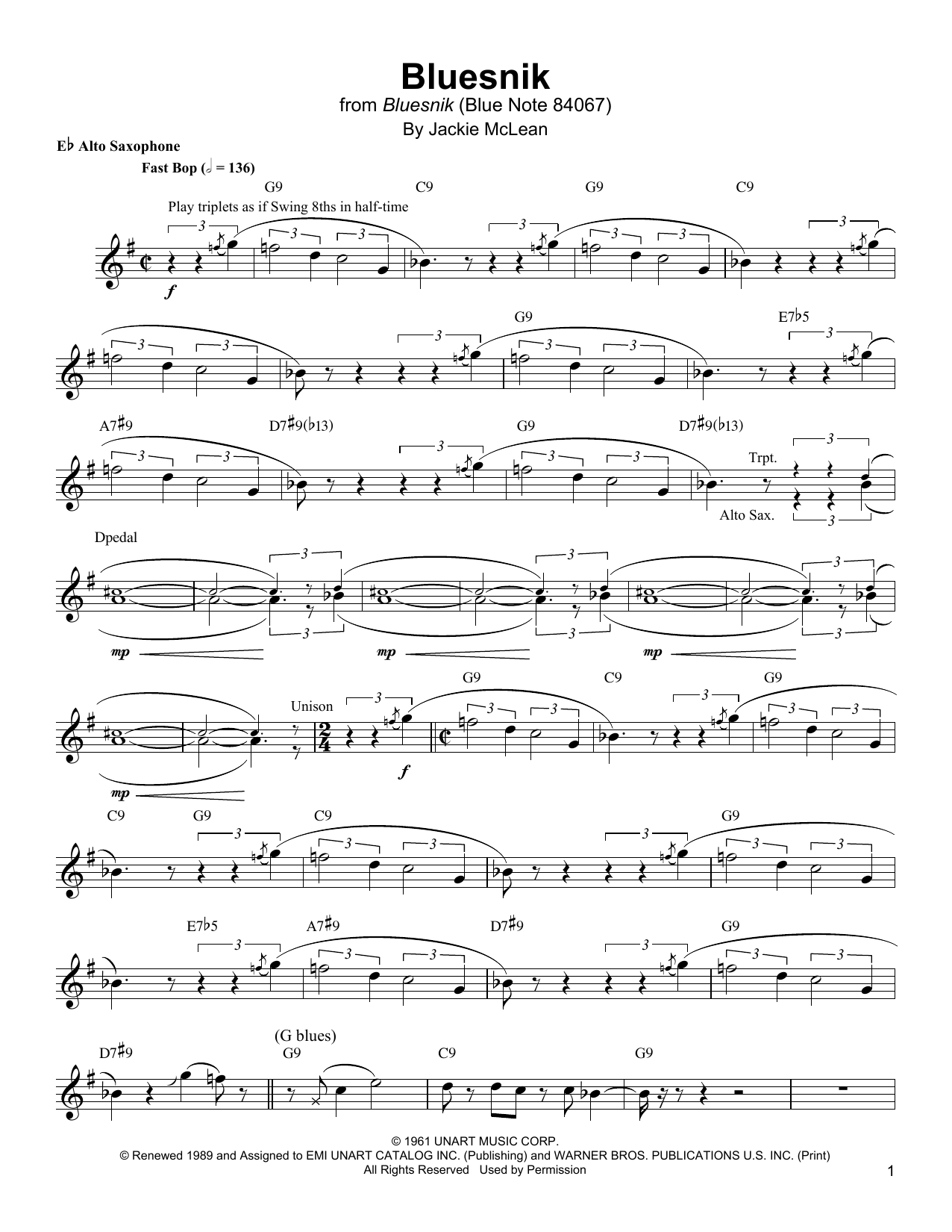 Jackie McLean Bluesnik sheet music notes and chords arranged for Alto Sax Transcription