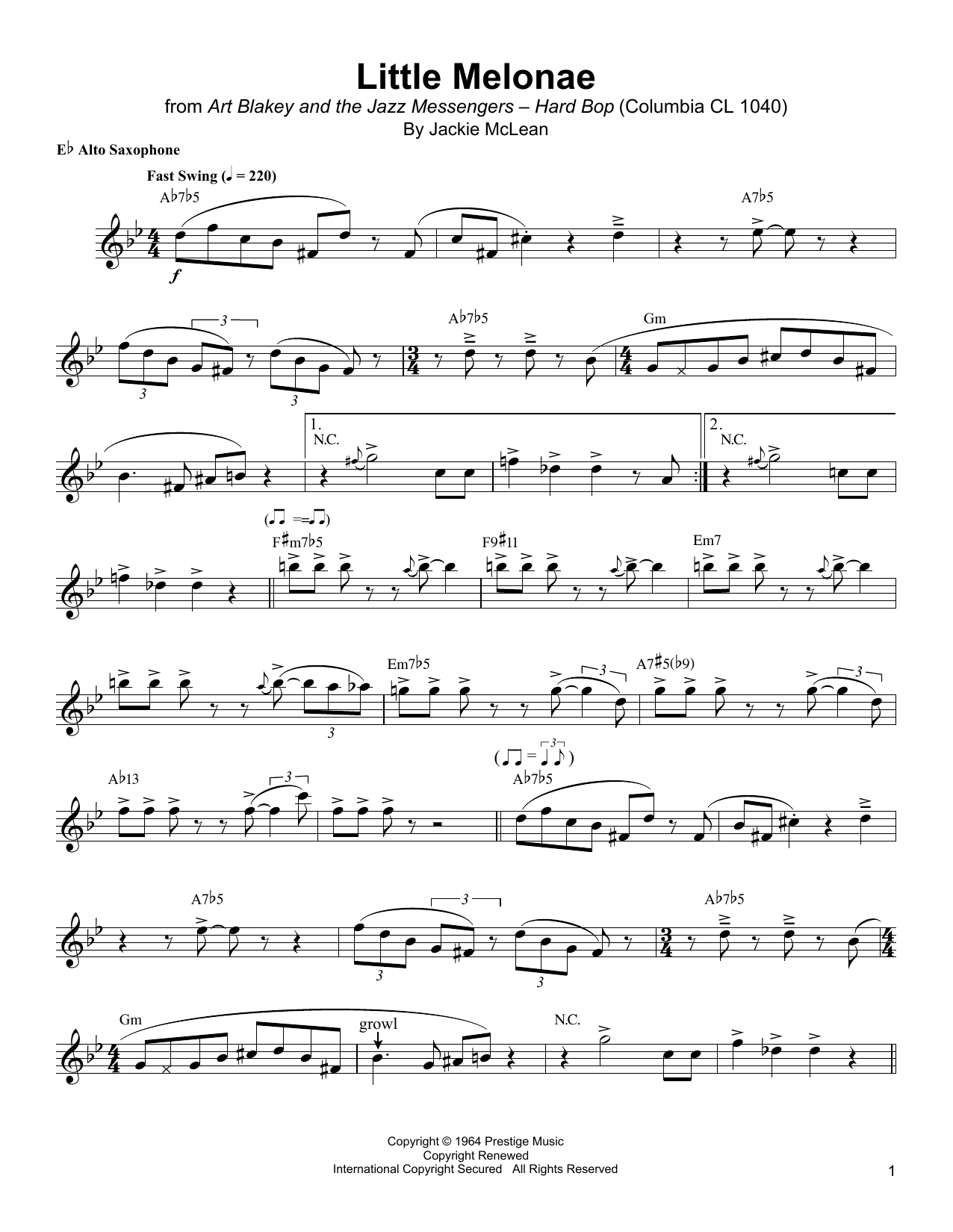 Jackie McLean Little Melonae sheet music notes and chords arranged for Real Book – Melody & Chords