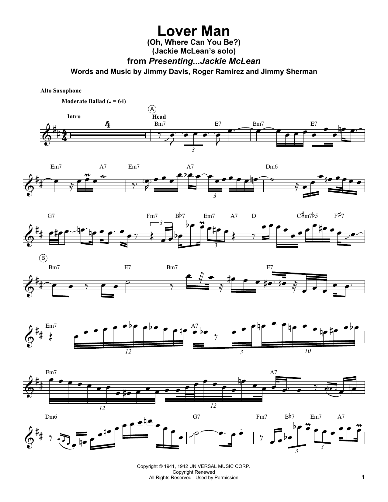 Jackie McLean Lover Man (Oh, Where Can You Be?) sheet music notes and chords arranged for Alto Sax Transcription