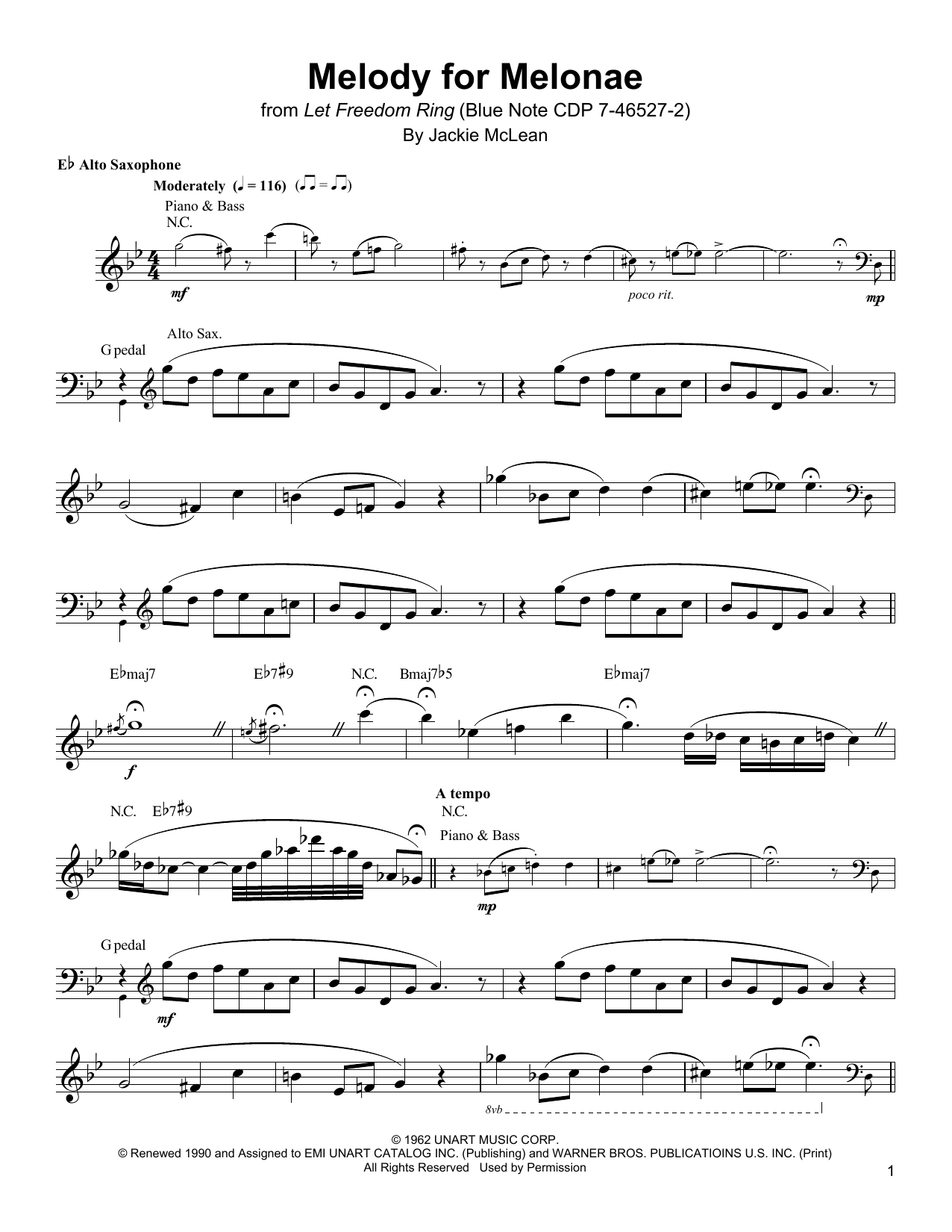 Jackie McLean Melody For Melonae sheet music notes and chords arranged for Alto Sax Transcription