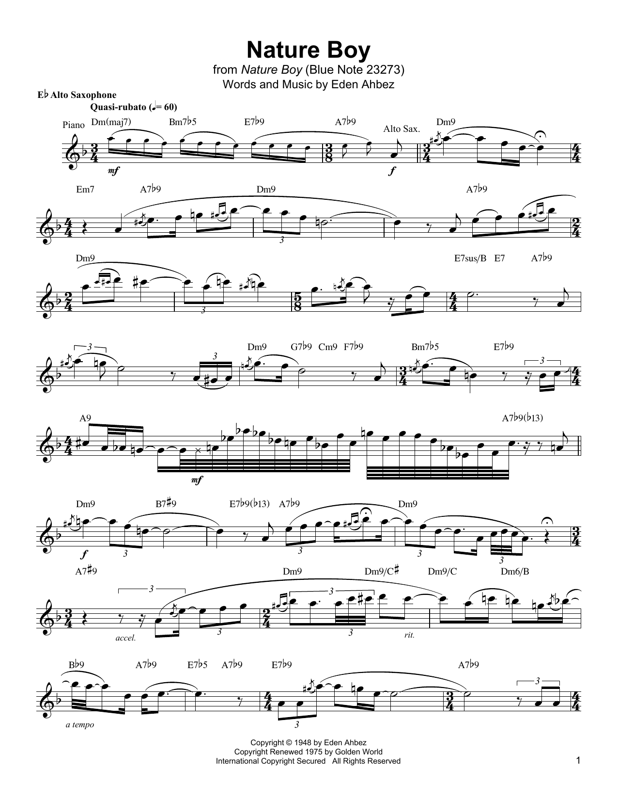 Jackie McLean Nature Boy sheet music notes and chords arranged for Alto Sax Transcription