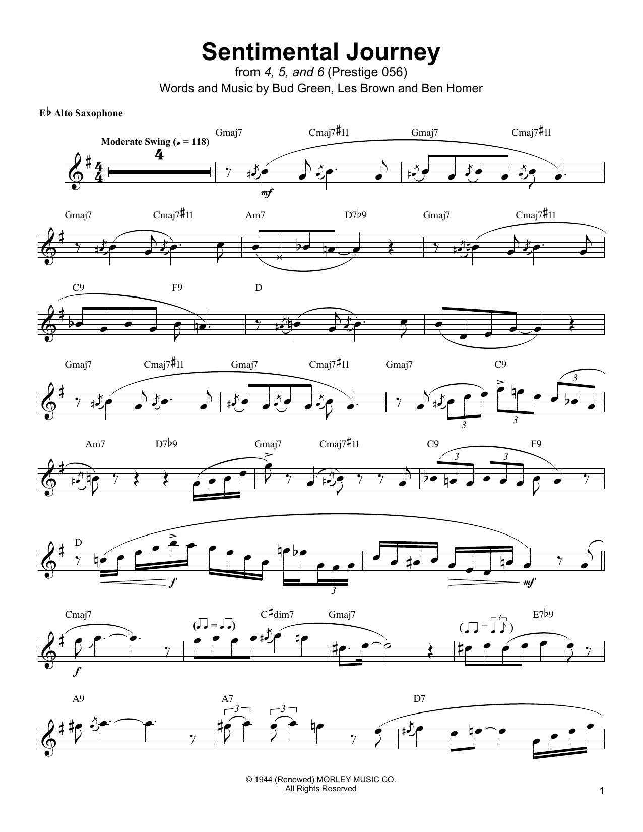 Jackie McLean Sentimental Journey sheet music notes and chords arranged for Alto Sax Transcription