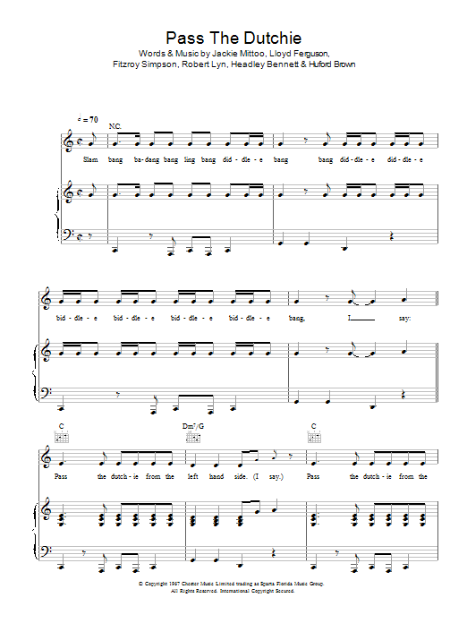Jackie Mittoo Pass The Dutchie sheet music notes and chords arranged for Piano, Vocal & Guitar Chords