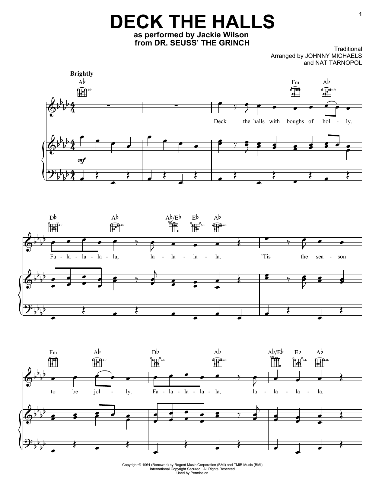 Jackie Wilson Deck The Hall (from The Grinch) sheet music notes and chords arranged for Piano, Vocal & Guitar Chords (Right-Hand Melody)