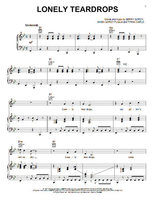 Jackie Wilson Lonely Teardrops sheet music notes and chords arranged for Easy Piano