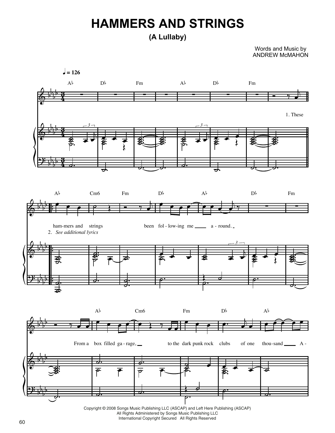 Jack's Mannequin Hammers And Strings (A Lullaby) sheet music notes and chords arranged for Piano, Vocal & Guitar Chords (Right-Hand Melody)