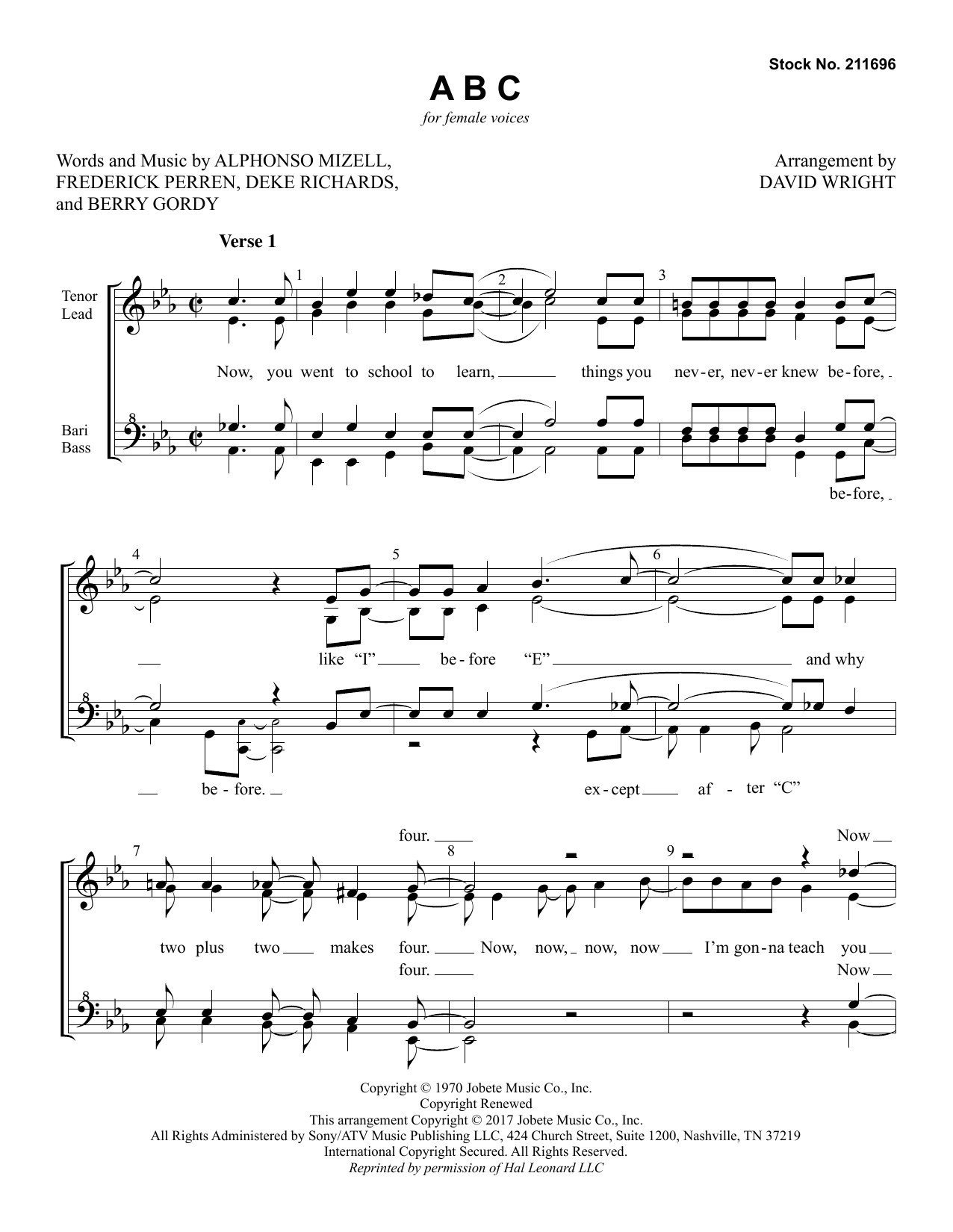 Jackson 5 ABC (arr. David Wright) sheet music notes and chords arranged for SSA Choir