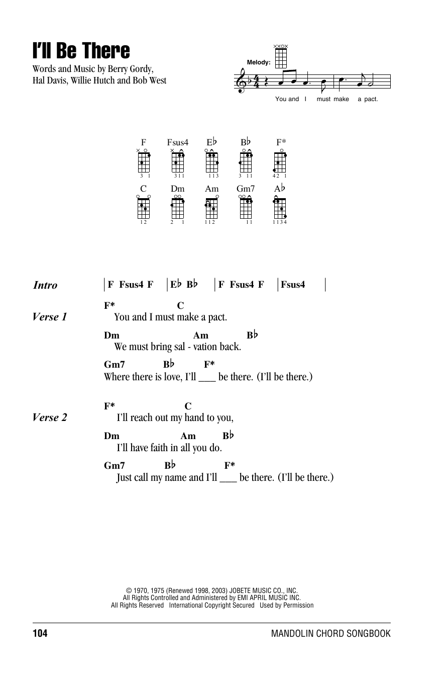 Jackson 5 I'll Be There sheet music notes and chords arranged for Mandolin Chords/Lyrics